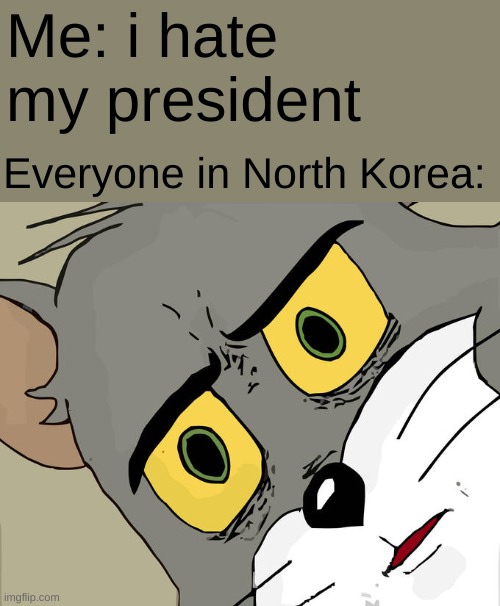 Lol | Me: i hate my president; Everyone in North Korea: | image tagged in memes,unsettled tom,nk | made w/ Imgflip meme maker