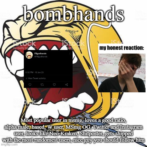 I'm gonna say some stuff about different users | bombhands; Most popular user in msmg, loves a good ratio, alpha male, based, W user, MSmg OG, Twitter and Instagram user, looks like Neo-Kraken, Shitposter, gets shipped with the most randomest users, nice guy you should follow him | image tagged in let's go ball | made w/ Imgflip meme maker