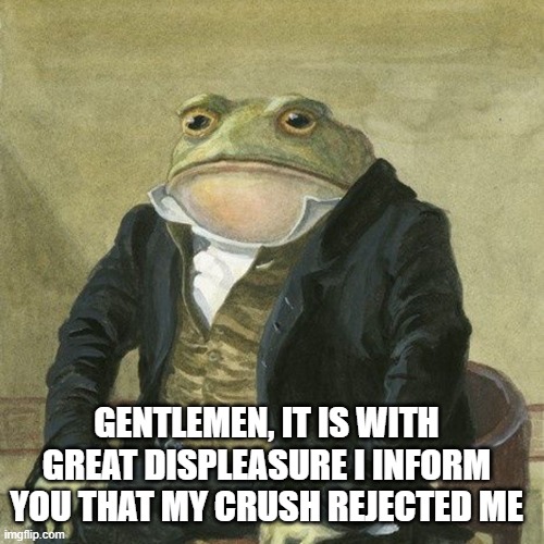 rejected me | GENTLEMEN, IT IS WITH GREAT DISPLEASURE I INFORM YOU THAT MY CRUSH REJECTED ME | image tagged in gentlemen it is with great pleasure to inform you that,crush,rejected | made w/ Imgflip meme maker