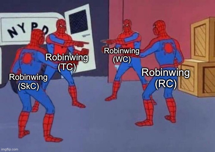 Too Many! | Robinwing (WC); Robinwing (TC); Robinwing (RC); Robinwing (SkC) | image tagged in 4 spiderman pointing at each other | made w/ Imgflip meme maker