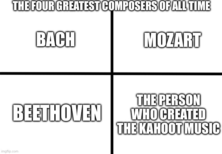 Kahoot music is fire | THE FOUR GREATEST COMPOSERS OF ALL TIME; BACH; MOZART; THE PERSON WHO CREATED THE KAHOOT MUSIC; BEETHOVEN | image tagged in kahoot,music | made w/ Imgflip meme maker