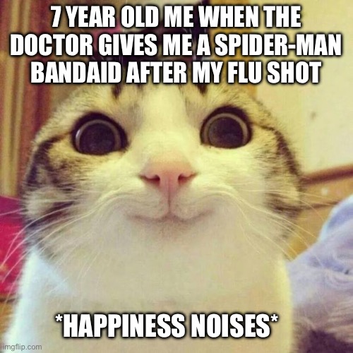 Yay | 7 YEAR OLD ME WHEN THE DOCTOR GIVES ME A SPIDER-MAN BANDAID AFTER MY FLU SHOT; *HAPPINESS NOISES* | image tagged in memes,smiling cat | made w/ Imgflip meme maker