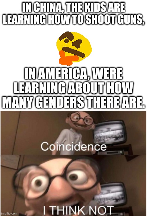 IN CHINA, THE KIDS ARE LEARNING HOW TO SHOOT GUNS, IN AMERICA, WERE LEARNING ABOUT HOW MANY GENDERS THERE ARE. | image tagged in coincidence i think not,memes,blank white template | made w/ Imgflip meme maker