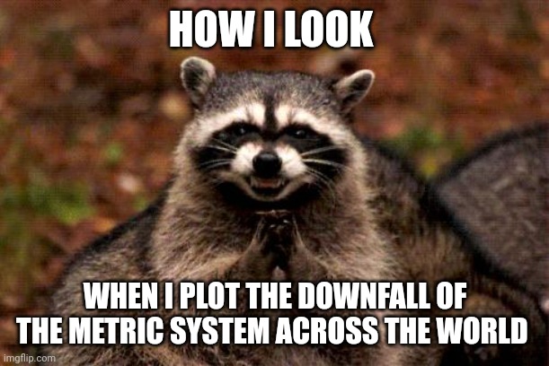 The metric system's days are numbered | HOW I LOOK; WHEN I PLOT THE DOWNFALL OF THE METRIC SYSTEM ACROSS THE WORLD | image tagged in memes,evil plotting raccoon | made w/ Imgflip meme maker