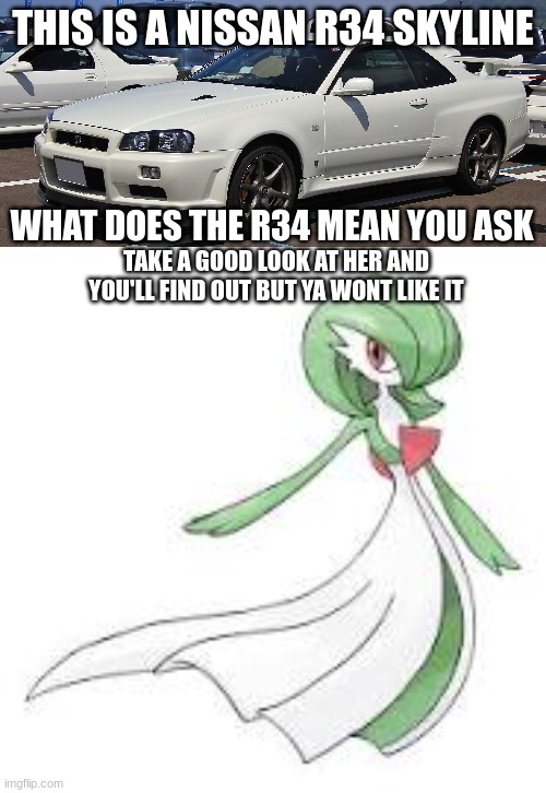 yeah | THIS IS A NISSAN R34 SKYLINE; WHAT DOES THE R34 MEAN YOU ASK; TAKE A GOOD LOOK AT HER AND YOU'LL FIND OUT BUT YA WONT LIKE IT | image tagged in r34 | made w/ Imgflip meme maker