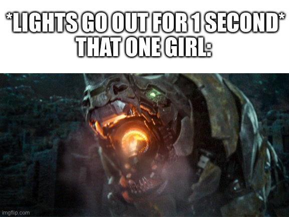 Rhinox | *LIGHTS GO OUT FOR 1 SECOND*
THAT ONE GIRL: | image tagged in blank white template | made w/ Imgflip meme maker