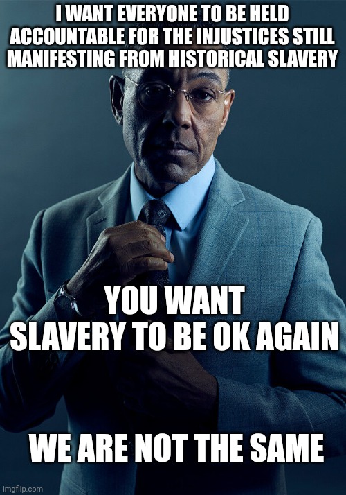 Gus Fring we are not the same | I WANT EVERYONE TO BE HELD ACCOUNTABLE FOR THE INJUSTICES STILL MANIFESTING FROM HISTORICAL SLAVERY YOU WANT SLAVERY TO BE OK AGAIN WE ARE N | image tagged in gus fring we are not the same | made w/ Imgflip meme maker