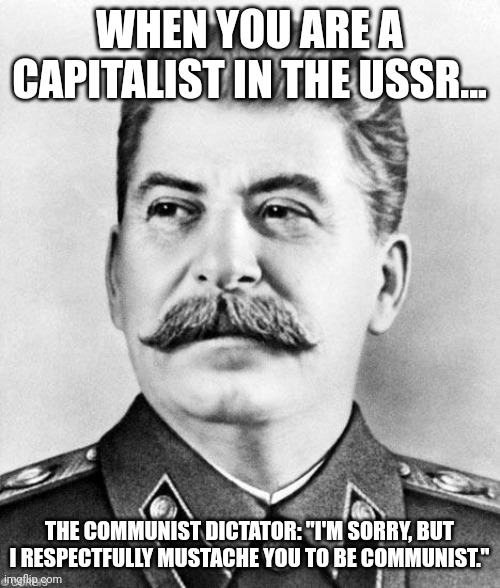 Mustache you to be communist | WHEN YOU ARE A CAPITALIST IN THE USSR... THE COMMUNIST DICTATOR: "I'M SORRY, BUT I RESPECTFULLY MUSTACHE YOU TO BE COMMUNIST." | image tagged in hypocrite stalin | made w/ Imgflip meme maker
