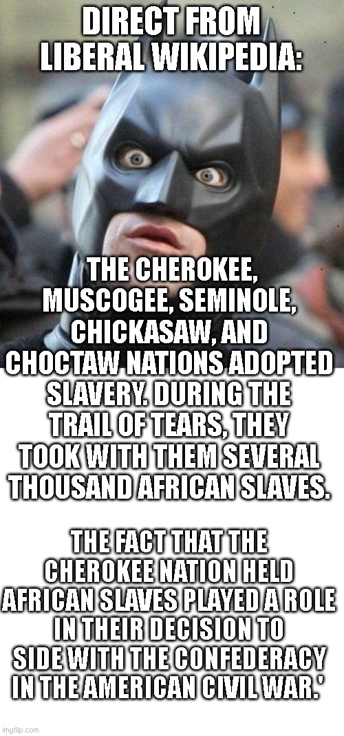 well they certainly kept this quiet in history class... | DIRECT FROM LIBERAL WIKIPEDIA:; THE CHEROKEE, MUSCOGEE, SEMINOLE, CHICKASAW, AND CHOCTAW NATIONS ADOPTED SLAVERY. DURING THE TRAIL OF TEARS, THEY TOOK WITH THEM SEVERAL THOUSAND AFRICAN SLAVES. THE FACT THAT THE CHEROKEE NATION HELD AFRICAN SLAVES PLAYED A ROLE IN THEIR DECISION TO SIDE WITH THE CONFEDERACY IN THE AMERICAN CIVIL WAR.' | image tagged in shocked batman | made w/ Imgflip meme maker
