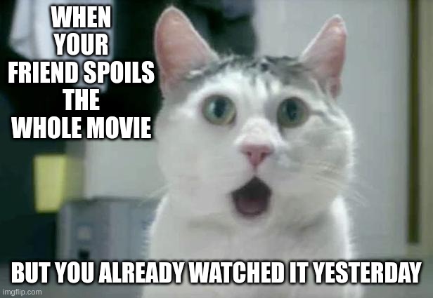 happenes to often | WHEN YOUR FRIEND SPOILS THE WHOLE MOVIE; BUT YOU ALREADY WATCHED IT YESTERDAY | image tagged in memes,omg cat | made w/ Imgflip meme maker