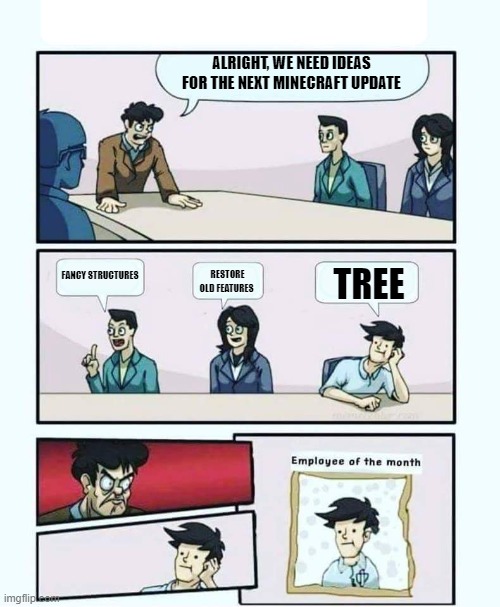 Every update | ALRIGHT, WE NEED IDEAS FOR THE NEXT MINECRAFT UPDATE; FANCY STRUCTURES; TREE; RESTORE OLD FEATURES | image tagged in employee of the month | made w/ Imgflip meme maker