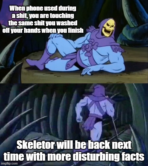 that's why i sanitize it | When phone used during a shit, you are touching the same shit you washed off your hands when you finish; Skeletor will be back next time with more disturbing facts | image tagged in skeletor disturbing facts | made w/ Imgflip meme maker