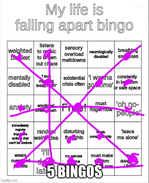my life is falling apart bingo | 5 BINGOS | image tagged in my life is falling apart bingo | made w/ Imgflip meme maker