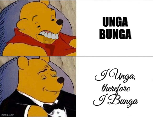 cursed pooh tuxedo pooh | UNGA BUNGA; I Unga, therefore I Bunga | image tagged in cursed pooh tuxedo pooh | made w/ Imgflip meme maker