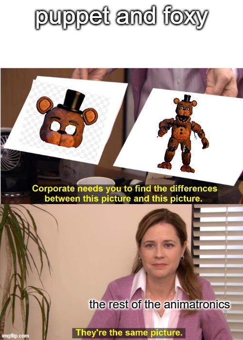 They're The Same Picture | puppet and foxy; the rest of the animatronics | image tagged in memes,they're the same picture | made w/ Imgflip meme maker