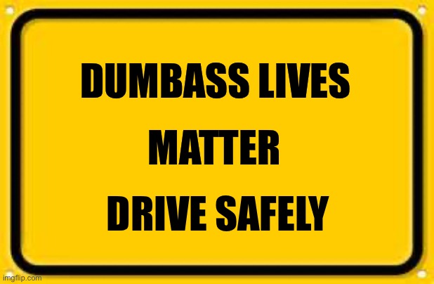 It’s true. Dumbass Lives Matter. Drive Safely | DUMBASS LIVES; MATTER; DRIVE SAFELY | image tagged in memes,blank yellow sign,dumbass | made w/ Imgflip meme maker