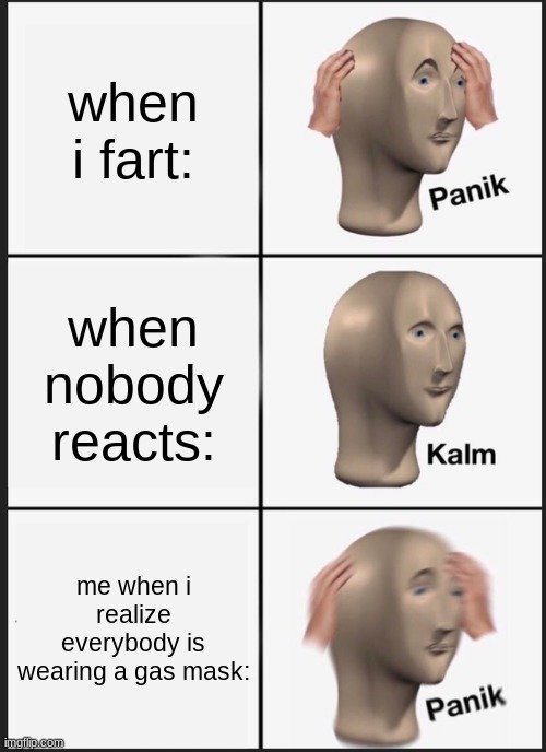 farts | when i fart:; when nobody reacts:; me when i realize everybody is wearing a gas mask: | image tagged in memes,panik kalm panik | made w/ Imgflip meme maker