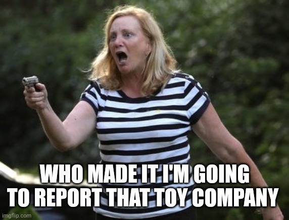 Angry Gun Karen | WHO MADE IT I'M GOING TO REPORT THAT TOY COMPANY | image tagged in angry gun karen | made w/ Imgflip meme maker