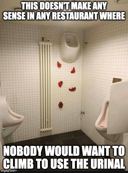 High Urinal | THIS DOESN'T MAKE ANY SENSE IN ANY RESTAURANT WHERE; NOBODY WOULD WANT TO CLIMB TO USE THE URINAL | image tagged in toliet,restroom,memes | made w/ Imgflip meme maker
