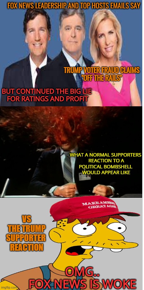 One mans big lie is a Trump supporters truth | FOX NEWS LEADERSHIP AND TOP HOSTS EMAILS SAY; TRUMP VOTER FRAUD CLAIMS
 "OFF THE RAILS"; BUT CONTINUED THE BIG LIE
 FOR RATINGS AND PROFIT; WHAT A NORMAL SUPPORTERS

 REACTION TO A POLITICAL BOMBSHELL
 WOULD APPEAR LIKE; VS THE TRUMP SUPPORTER 
REACTION; OMG..
FOX NEWS IS WOKE | image tagged in donald trump,maga,lies,political,fox news | made w/ Imgflip meme maker