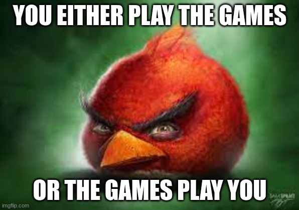 title | YOU EITHER PLAY THE GAMES; OR THE GAMES PLAY YOU | image tagged in realistic red angry birds | made w/ Imgflip meme maker