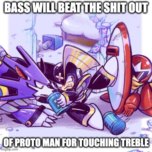 Proto Man Giving an E Tank | BASS WILL BEAT THE SHIT OUT; OF PROTO MAN FOR TOUCHING TREBLE | image tagged in protoman,bass,treble,megaman,memes | made w/ Imgflip meme maker