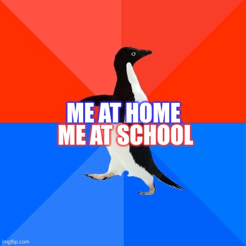 Sxhool and home | ME AT SCHOOL; ME AT HOME | image tagged in memes,socially awesome awkward penguin | made w/ Imgflip meme maker