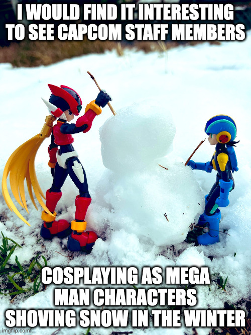 MegaMan.EXE and Future Zero Building a Snowman | I WOULD FIND IT INTERESTING TO SEE CAPCOM STAFF MEMBERS; COSPLAYING AS MEGA MAN CHARACTERS SHOVING SNOW IN THE WINTER | image tagged in megaman,megaman battle network,megamanexe,memes,megaman zero,zero | made w/ Imgflip meme maker