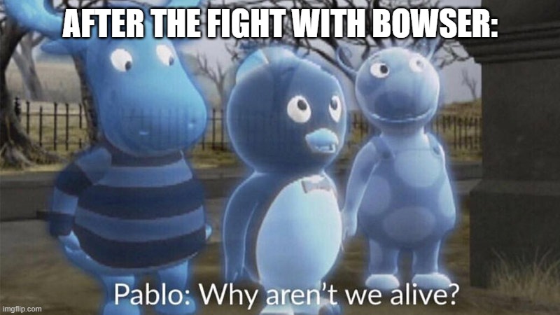 Pablo why aren't we alive? | AFTER THE FIGHT WITH BOWSER: | image tagged in pablo why aren't we alive | made w/ Imgflip meme maker