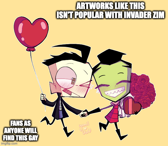 Zim and Dib Celebrating Valentine's Day | ARTWORKS LIKE THIS ISN'T POPULAR WITH INVADER ZIM; FANS AS ANYONE WILL FIND THIS GAY | image tagged in invader zim,zim,dib,memes | made w/ Imgflip meme maker