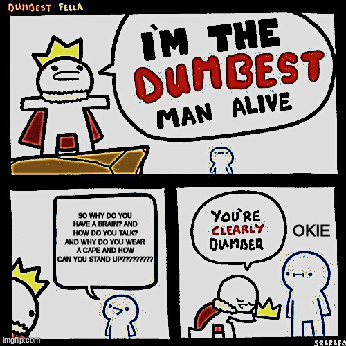I'm the dumbest man alive | SO WHY DO YOU HAVE A BRAIN? AND HOW DO YOU TALK? AND WHY DO YOU WEAR A CAPE AND HOW CAN YOU STAND UP????????? OKIE | image tagged in i'm the dumbest man alive | made w/ Imgflip meme maker