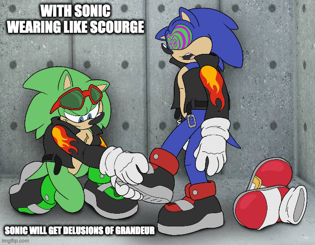 Sonic With New Shoes | WITH SONIC WEARING LIKE SCOURGE; SONIC WILL GET DELUSIONS OF GRANDEUR | image tagged in sonic the hedgehog,scourge,memes | made w/ Imgflip meme maker