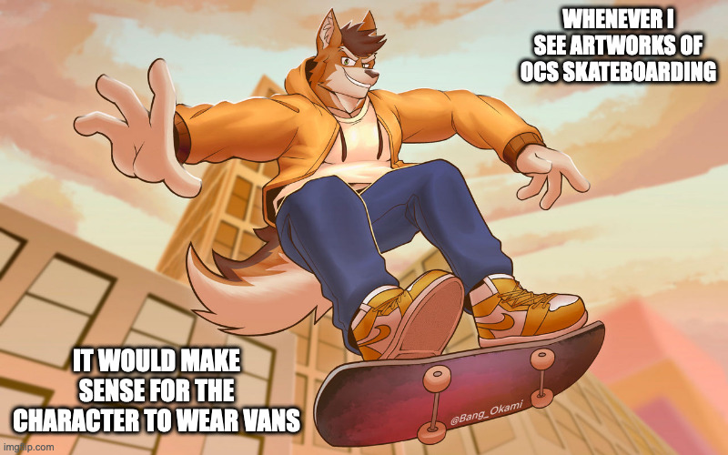 Fox Skateboarding (Credit to BangOkami on Deviantart) | WHENEVER I SEE ARTWORKS OF OCS SKATEBOARDING; IT WOULD MAKE SENSE FOR THE CHARACTER TO WEAR VANS | image tagged in furry,skateboarding,memes | made w/ Imgflip meme maker