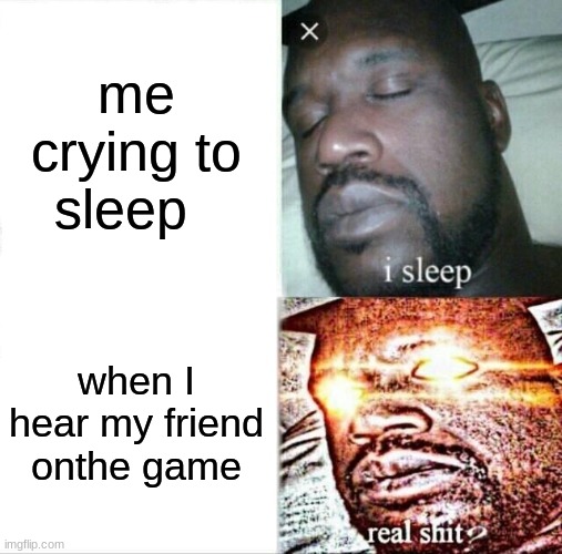 Sleeping Shaq | me crying to sleep; when I hear my friend on the game | image tagged in memes,sleeping shaq | made w/ Imgflip meme maker