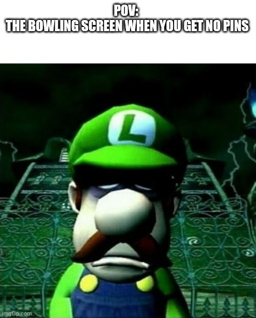 True | POV: 
THE BOWLING SCREEN WHEN YOU GET NO PINS | image tagged in luigi | made w/ Imgflip meme maker