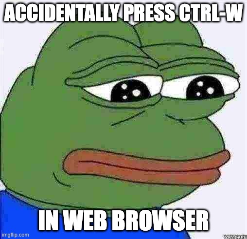 sad frog | ACCIDENTALLY PRESS CTRL-W; IN WEB BROWSER | image tagged in sad frog,emacs | made w/ Imgflip meme maker