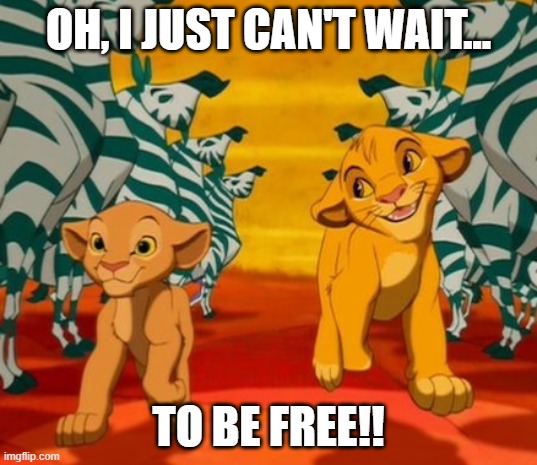 freedom | OH, I JUST CAN'T WAIT... TO BE FREE!! | image tagged in can t wait to be king | made w/ Imgflip meme maker