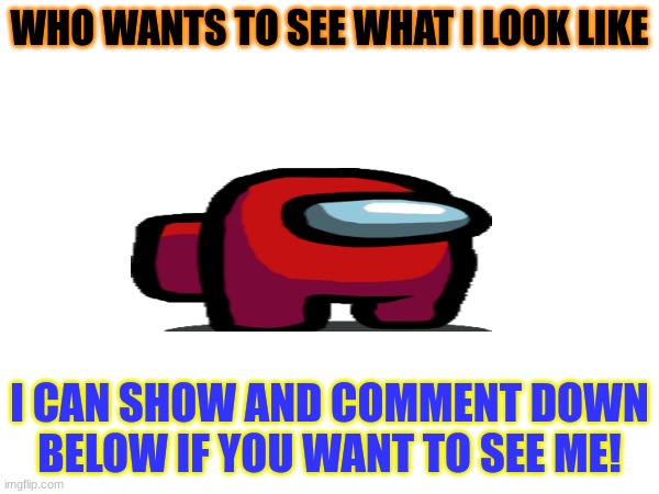 tags | WHO WANTS TO SEE WHAT I LOOK LIKE; I CAN SHOW AND COMMENT DOWN BELOW IF YOU WANT TO SEE ME! | image tagged in funny memes | made w/ Imgflip meme maker