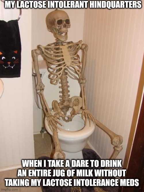 Milk beith mine greatest enemy | MY LACTOSE INTOLERANT HINDQUARTERS; WHEN I TAKE A DARE TO DRINK AN ENTIRE JUG OF MILK WITHOUT TAKING MY LACTOSE INTOLERANCE MEDS | image tagged in skeleton on toilet | made w/ Imgflip meme maker