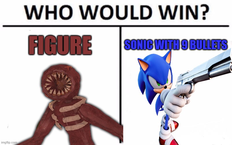 who will win guys? | FIGURE; SONIC WITH 9 BULLETS | image tagged in sonic the hedgehog,door | made w/ Imgflip meme maker