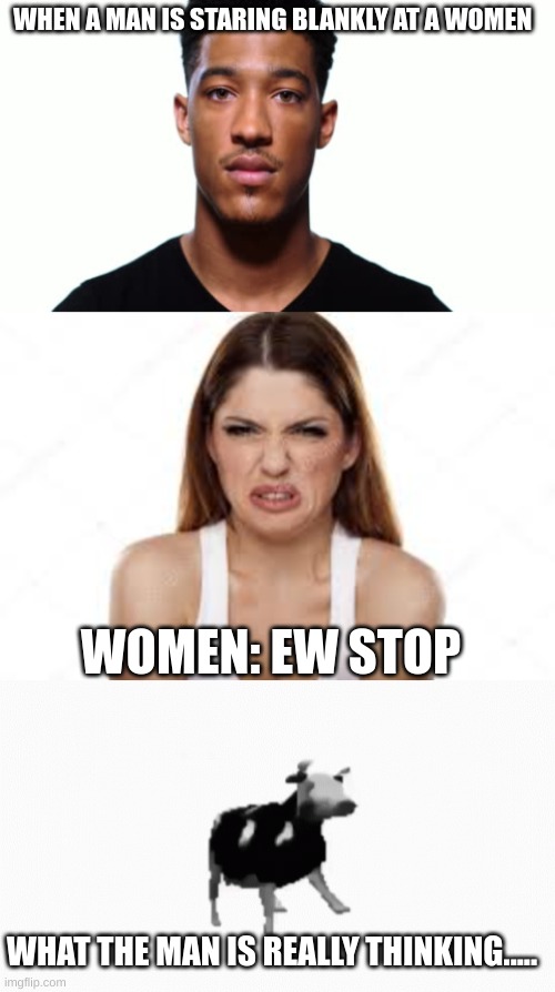 yes | WHEN A MAN IS STARING BLANKLY AT A WOMEN; WOMEN: EW STOP; WHAT THE MAN IS REALLY THINKING..... | image tagged in cow | made w/ Imgflip meme maker
