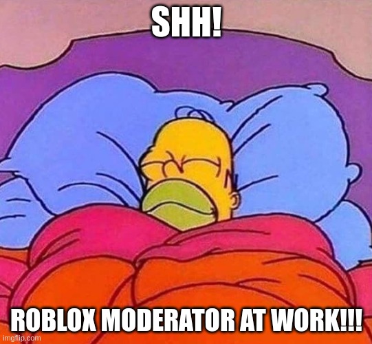 Homer Simpson sleeping peacefully | SHH! ROBLOX MODERATOR AT WORK!!! | image tagged in homer simpson sleeping peacefully,moderators,roblox,roblox meme,memes | made w/ Imgflip meme maker
