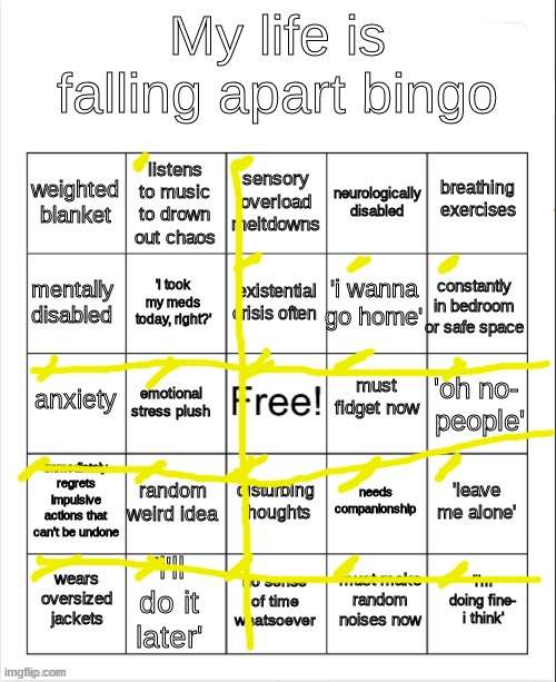 4 bingos, slay (also why are most of these adhd/autism symptoms uhh) | image tagged in my life is falling apart bingo | made w/ Imgflip meme maker