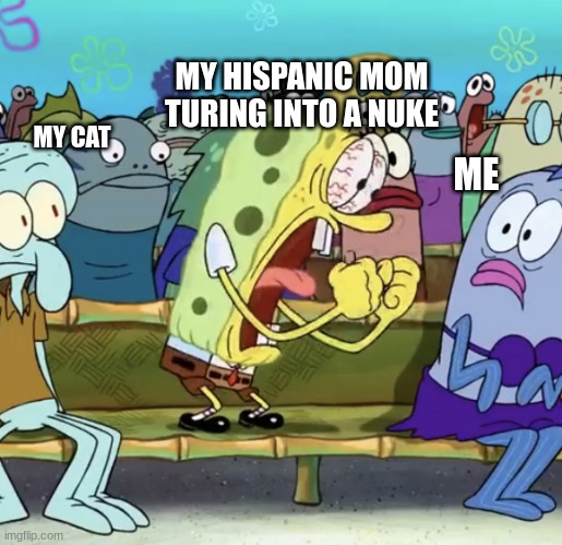 Spongebob Yelling | MY HISPANIC MOM TURING INTO A NUKE; MY CAT; ME | image tagged in spongebob yelling | made w/ Imgflip meme maker