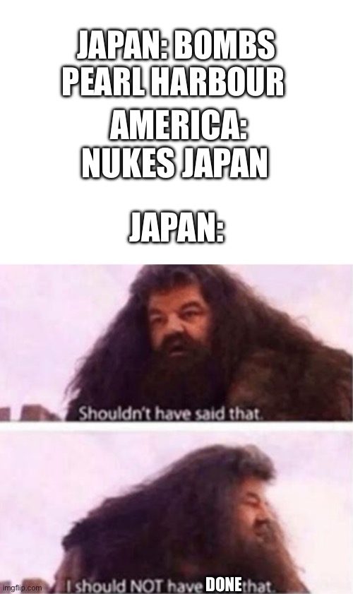 JAPAN: BOMBS PEARL HARBOUR; AMERICA: NUKES JAPAN; JAPAN:; DONE | image tagged in blank white template,shouldn't have said that | made w/ Imgflip meme maker