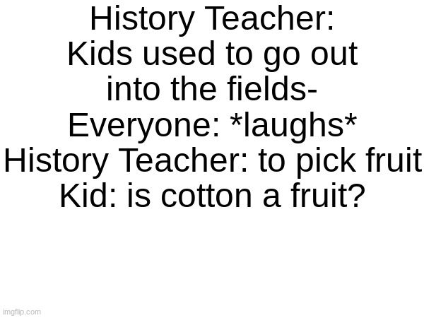 this actually happened | History Teacher: Kids used to go out into the fields-
Everyone: *laughs*
History Teacher: to pick fruit
Kid: is cotton a fruit? | made w/ Imgflip meme maker