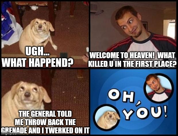Hey, at least I'm in peace!✌️ | WELCOME TO HEAVEN!  WHAT KILLED U IN THE FIRST PLACE? UGH... WHAT HAPPEND? THE GENERAL TOLD ME THROW BACK THE GRENADE AND I TWERKED ON IT | image tagged in oh you,memes,death | made w/ Imgflip meme maker