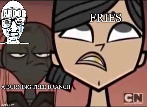 I’m doing this again! just yeet | ARDOR; FRIES; A BURNING TREE BRANCH | image tagged in zeke behind heather,fireafy,bfdi,sad | made w/ Imgflip meme maker