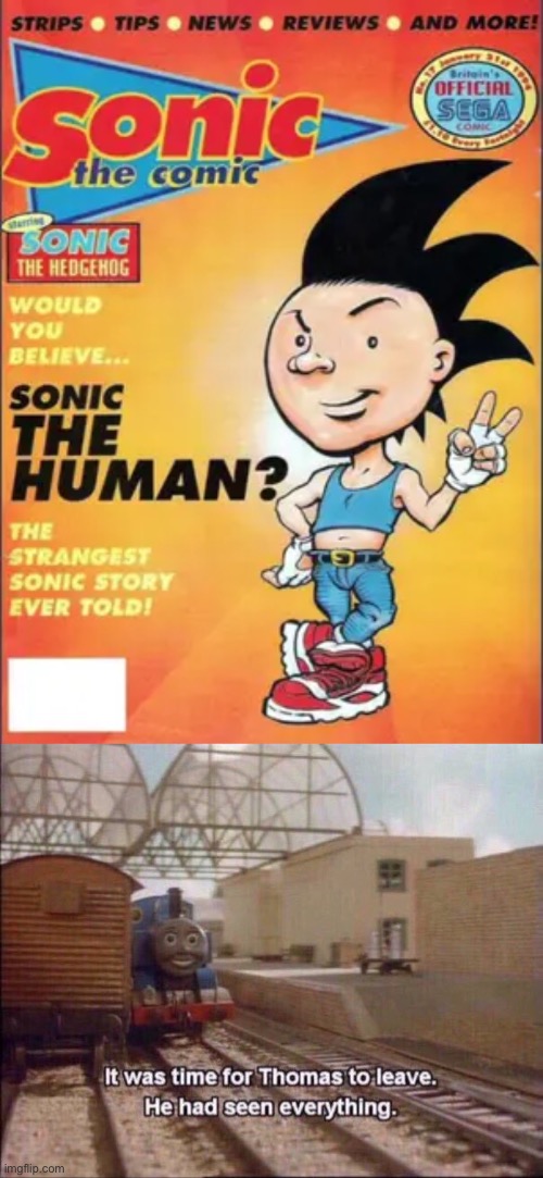 A human Sonic the Hedgehog | image tagged in it was time for thomas to leave,sonic the hedgehog,sonic,memes,funny,cursed image | made w/ Imgflip meme maker