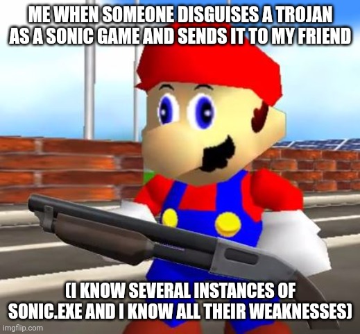 Oh no | ME WHEN SOMEONE DISGUISES A TROJAN AS A SONIC GAME AND SENDS IT TO MY FRIEND; (I KNOW SEVERAL INSTANCES OF SONIC.EXE AND I KNOW ALL THEIR WEAKNESSES) | image tagged in smg4 shotgun mario | made w/ Imgflip meme maker